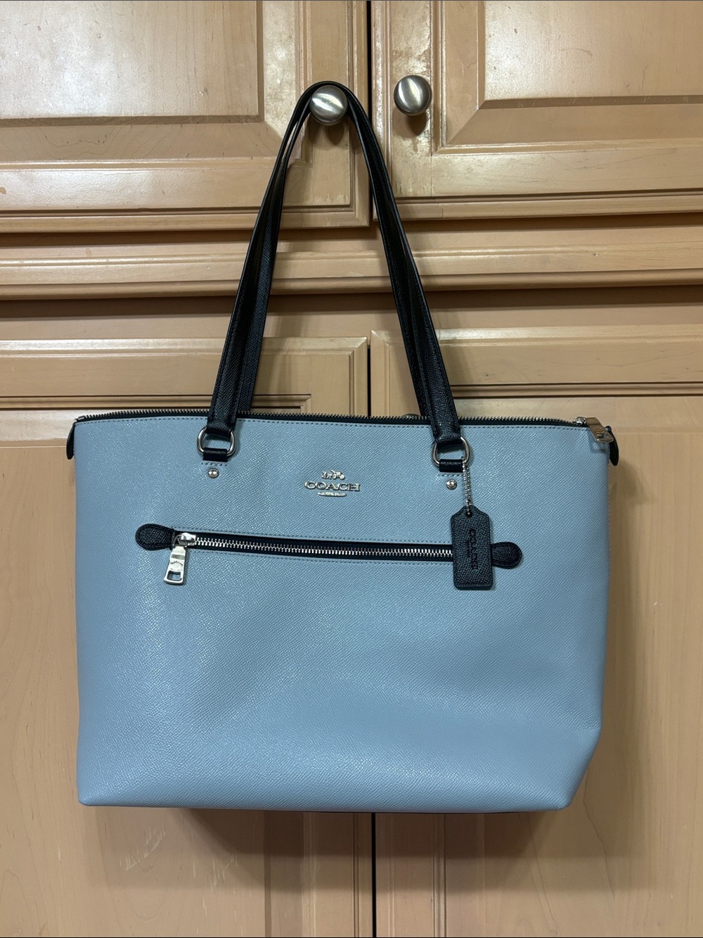 Coach Light Blue Saffiano Leather Tote with Black Straps